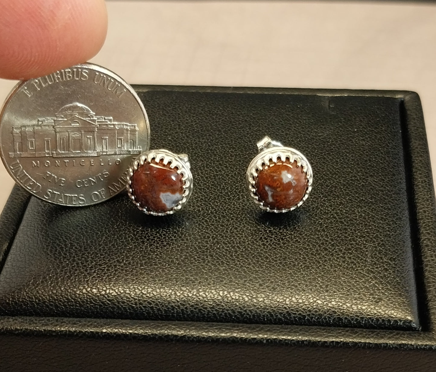 Lake Superior Agate Silver Stud Earrings, Red Moss Agate