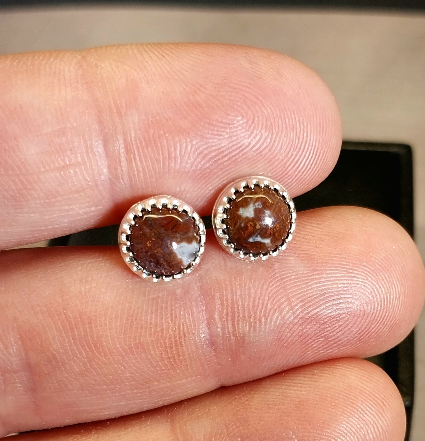 Lake Superior Agate Silver Stud Earrings, Red Moss Agate