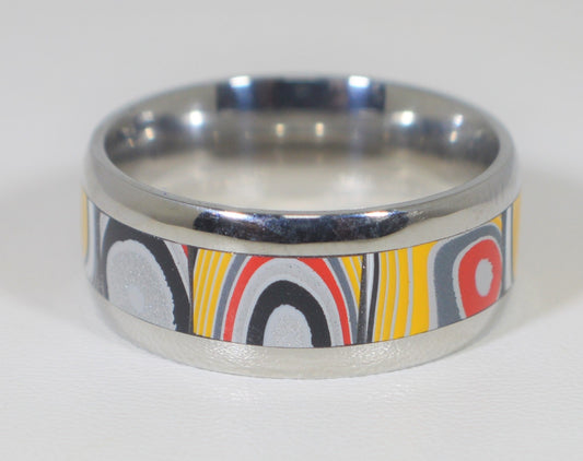 Fordite Ring, Size 6 3/4, Fordite, Bright Yellow Ring, Wide Band Ring, Stainless Steel, Motor City Agate, Recycled