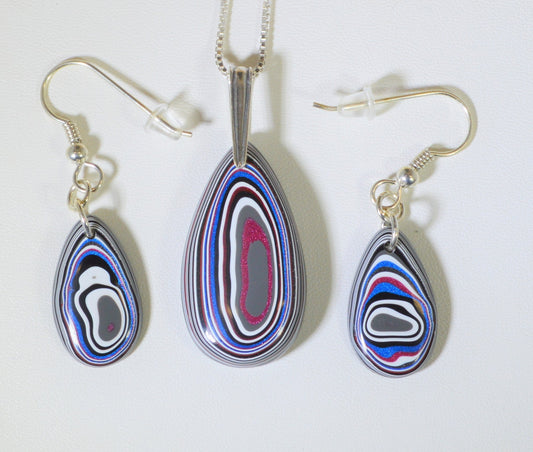 Fordite Set, PINK, Fordite Necklace and Earrings, Solid 925 Silver Ear Wires and Chain, USA Handmade, Small Business