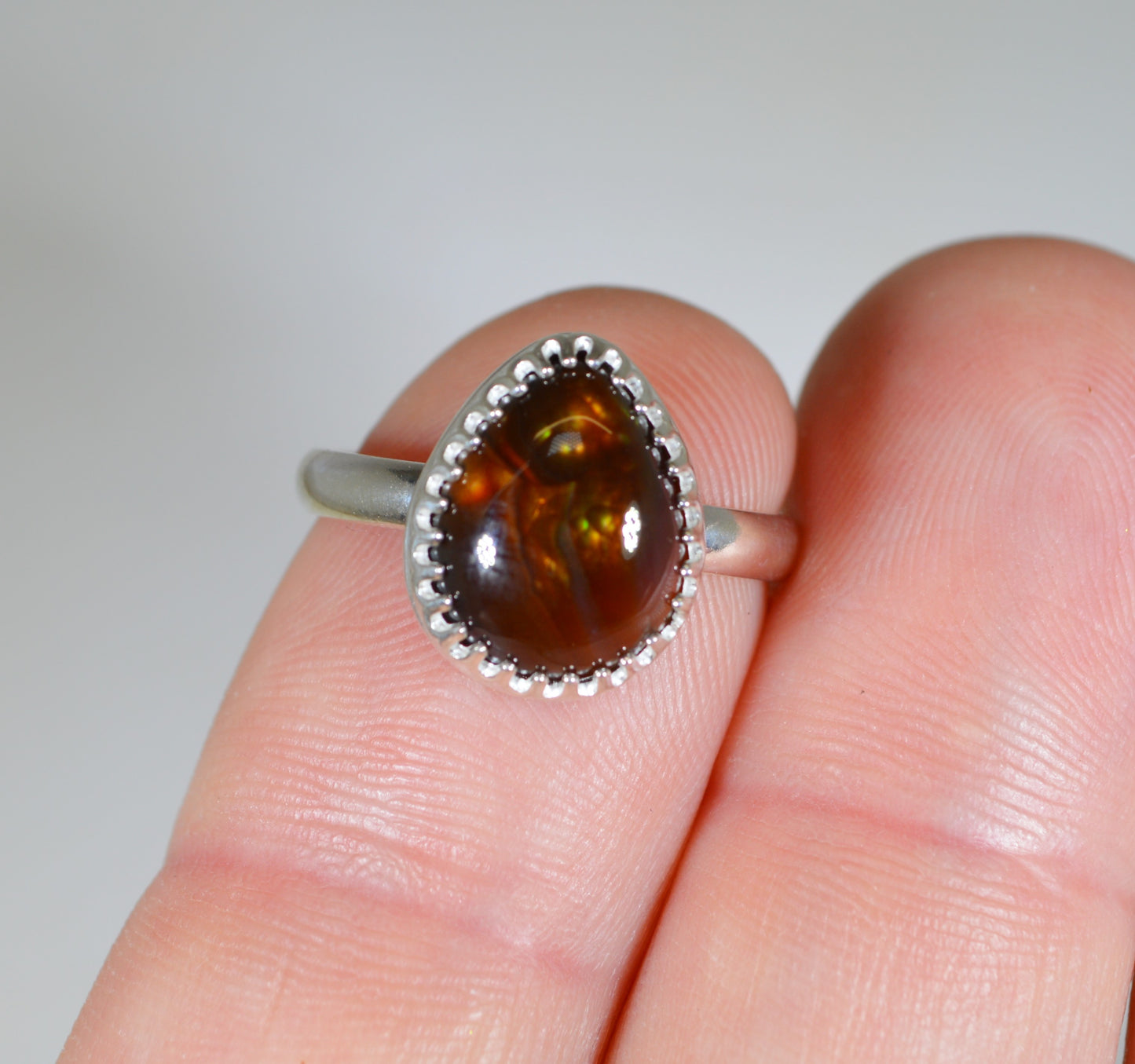 Fire Agate Ring, Size 7 1/4, Solid Silver, Mexican Fire Agate, USA Handmade in Wisconsin