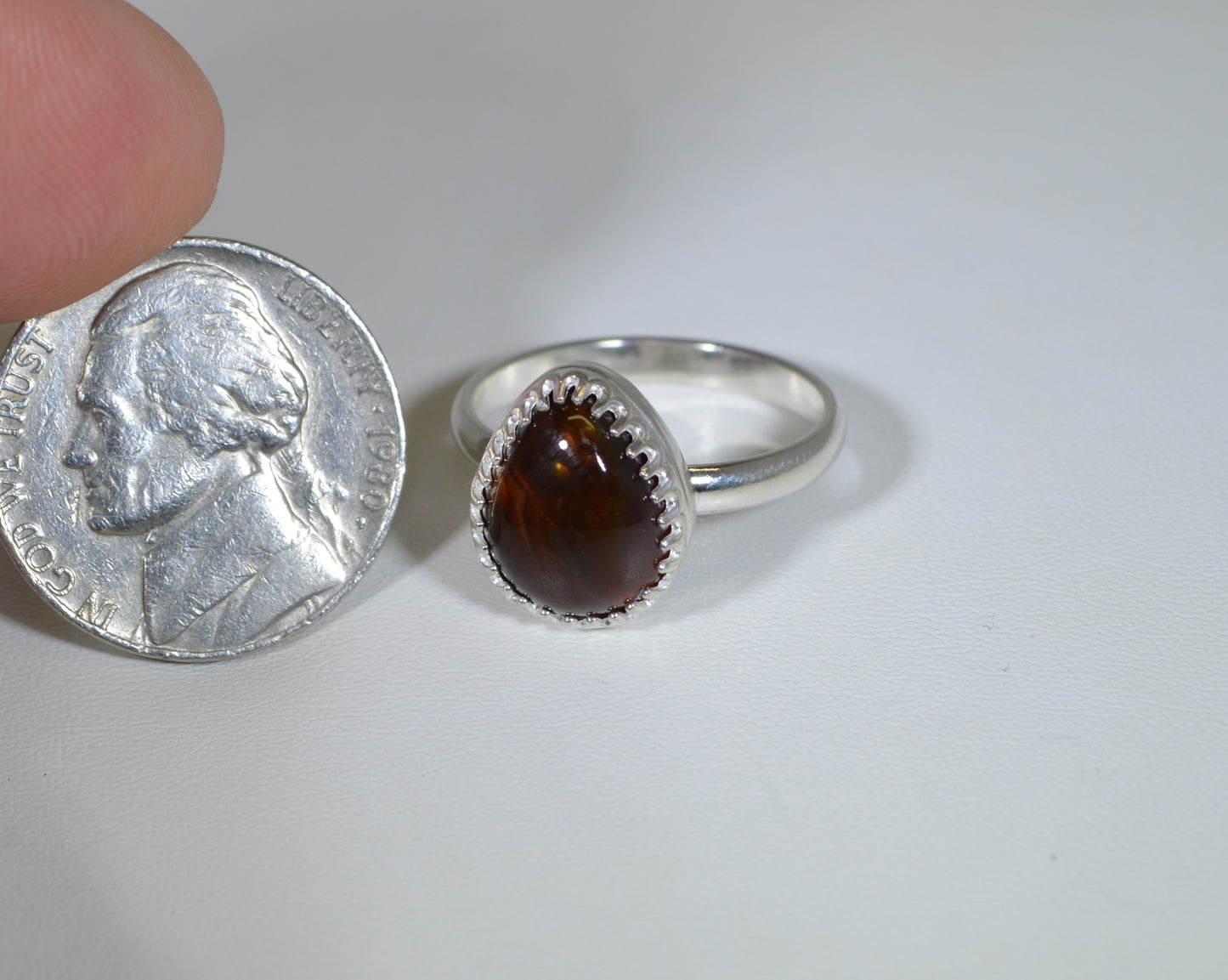 Fire Agate Ring, Size 7 1/4, Solid Silver, Mexican Fire Agate, USA Handmade in Wisconsin