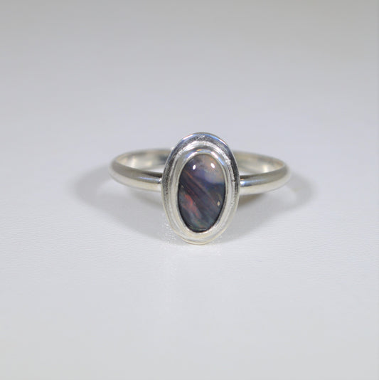 Australian Opal Ring, Size 7, Solid Silver, Black Opal Ring, Red and Green Color Play