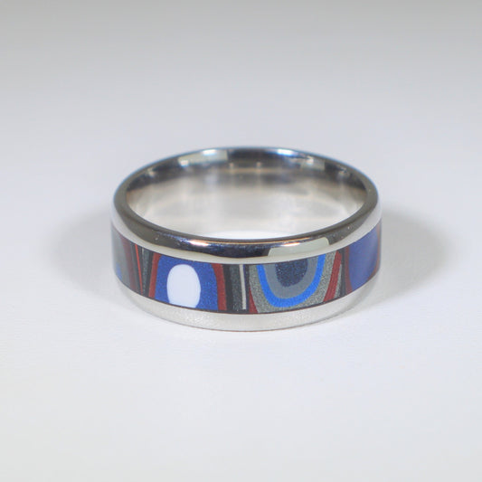 Fordite Ring, Size 9, Fordite, Wide Band Ring, Stainless Steel, Motor City Agate, Patriotic Colors, Recycled