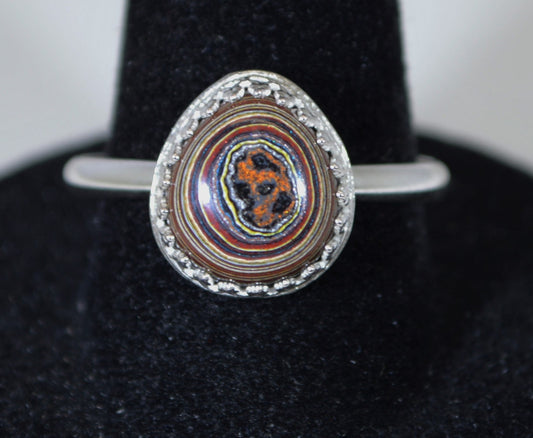 Fordite Ring, Solid Silver, Size 7 Adjustable, Vette Fordite, W/O