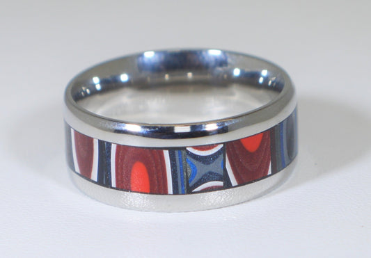 Fordite Ring, Size 6 3/4, Fordite, Wide Band Ring, Stainless Steel, Motor City Agate, Patriotic Colors, Recycled