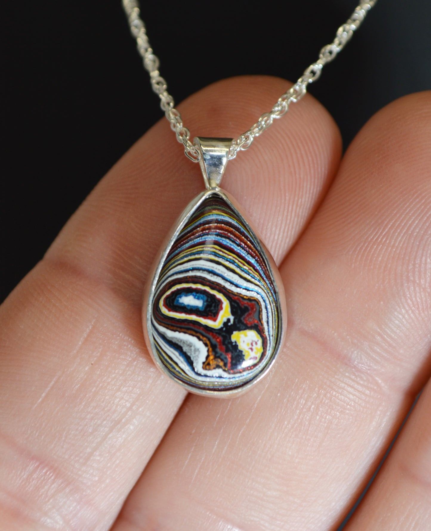 Fordite Necklace, Solid Silver, Vette Fordite, Fordite Jewelry, Fordite Teardrop Silver Necklace