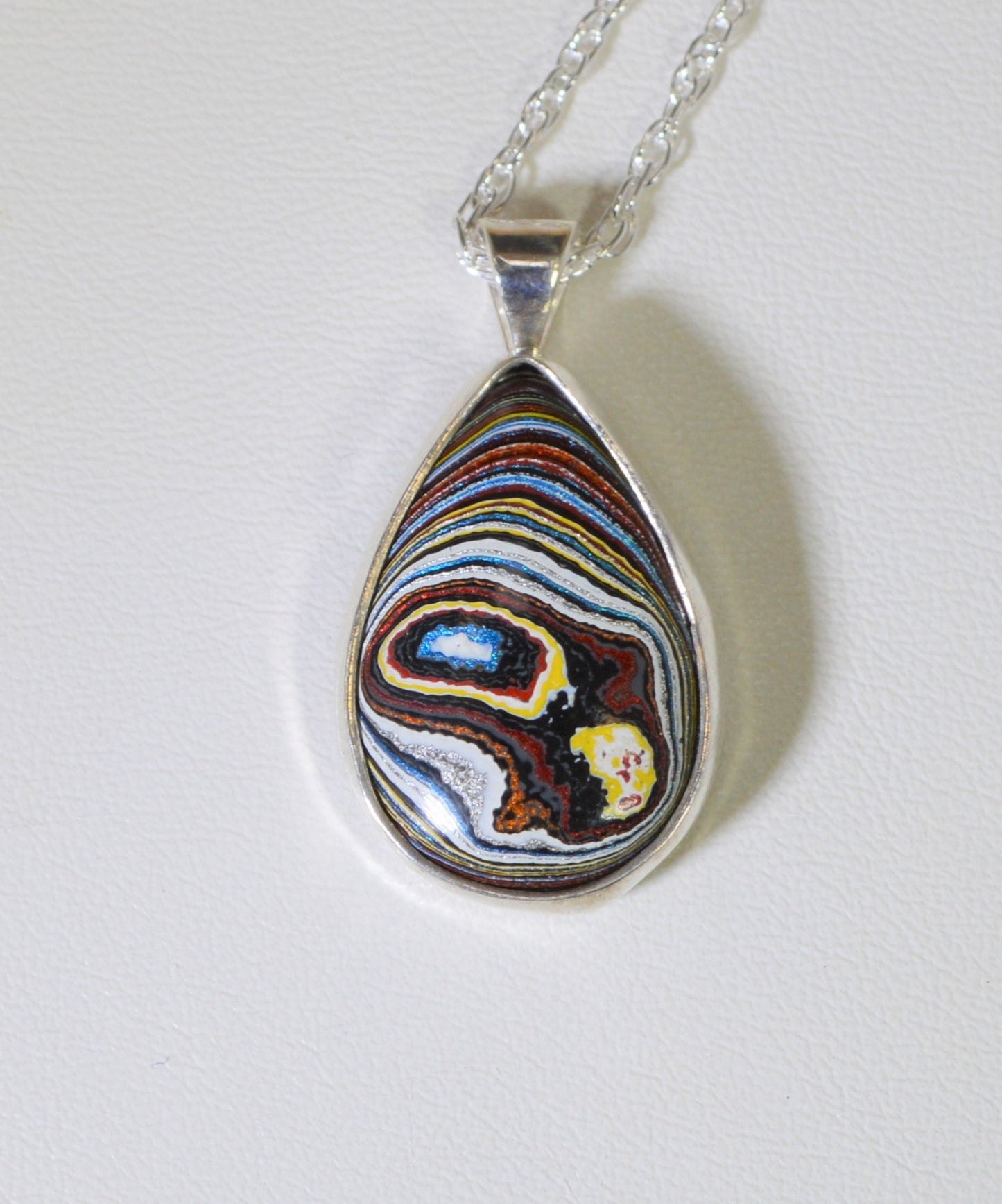 Fordite Necklace, Solid Silver, Vette Fordite, Fordite Jewelry, Fordite Teardrop Silver Necklace