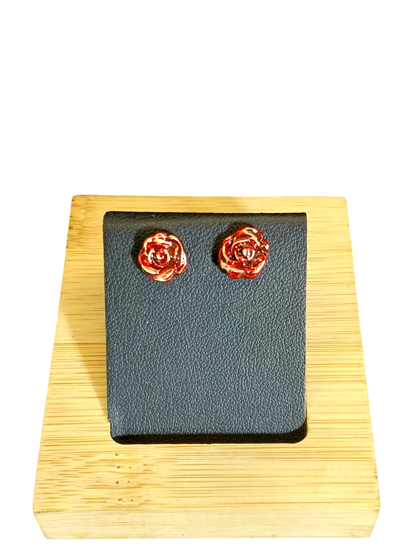 Bronze Rose Earrings, Bright Red Handmade Metal Clay Rose Studs, Surgical Steel Posts, W/O