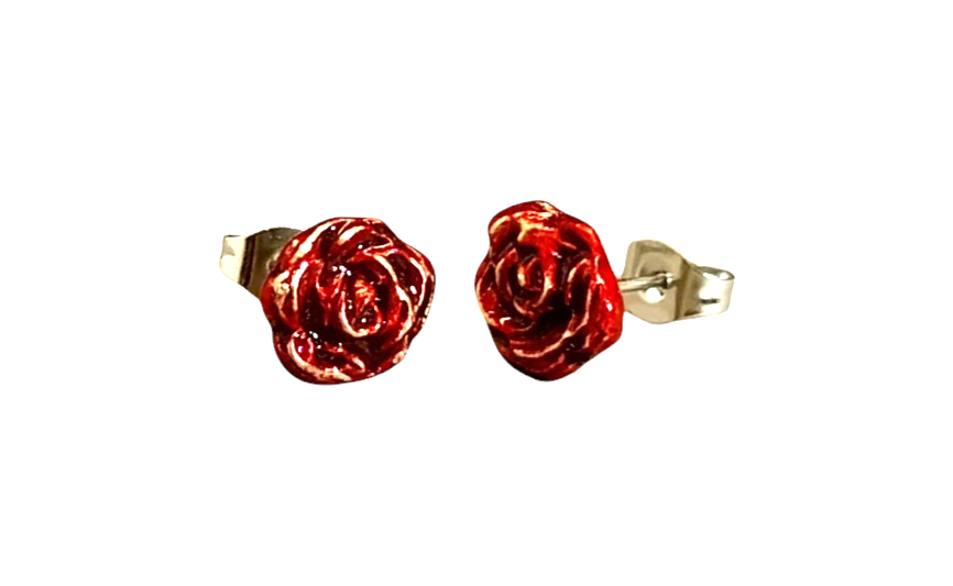 Bronze Rose Earrings, Bright Red Handmade Metal Clay Rose Studs, Surgical Steel Posts, W/O