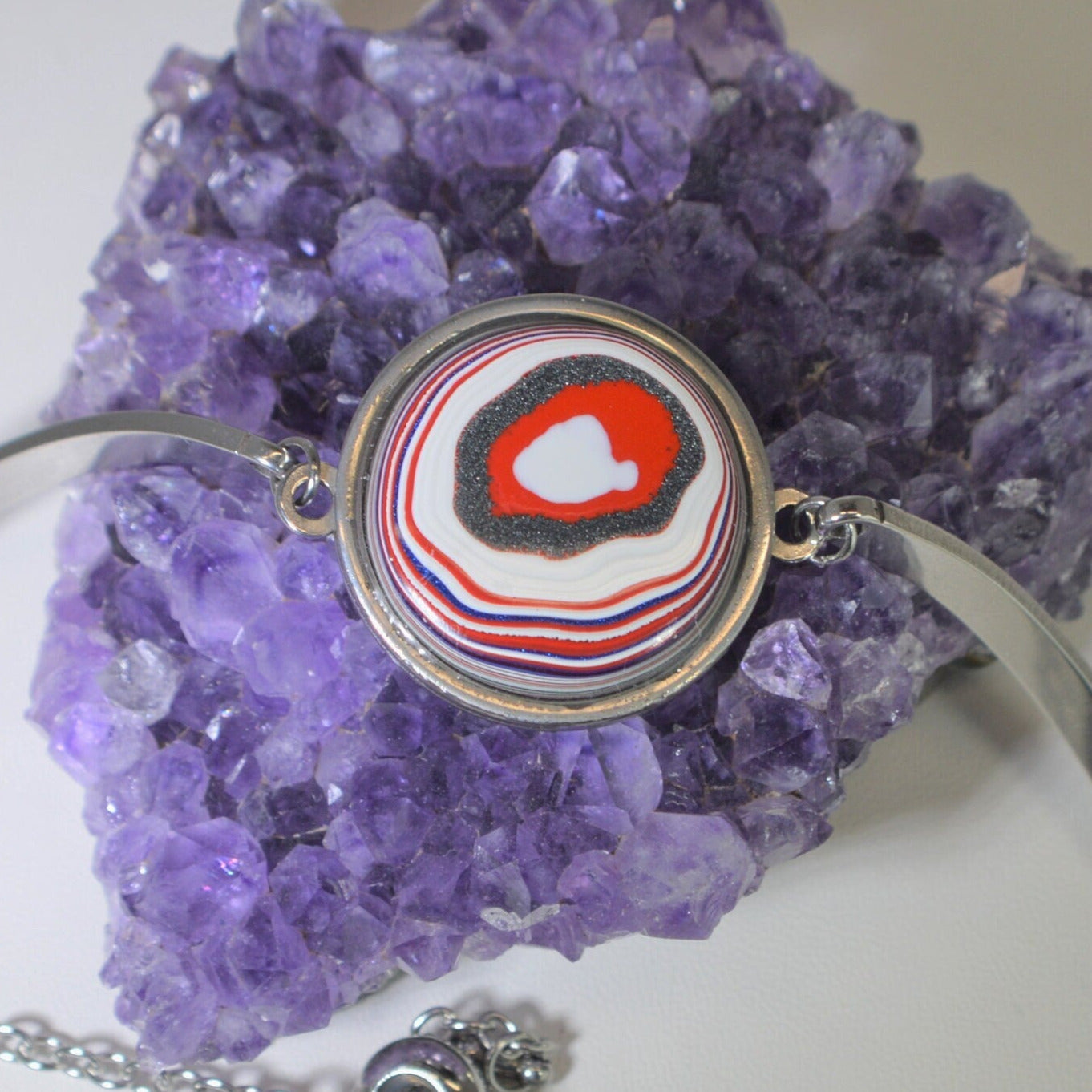 Fordite Bracelet, Red and White, Stainless Steel, EB125