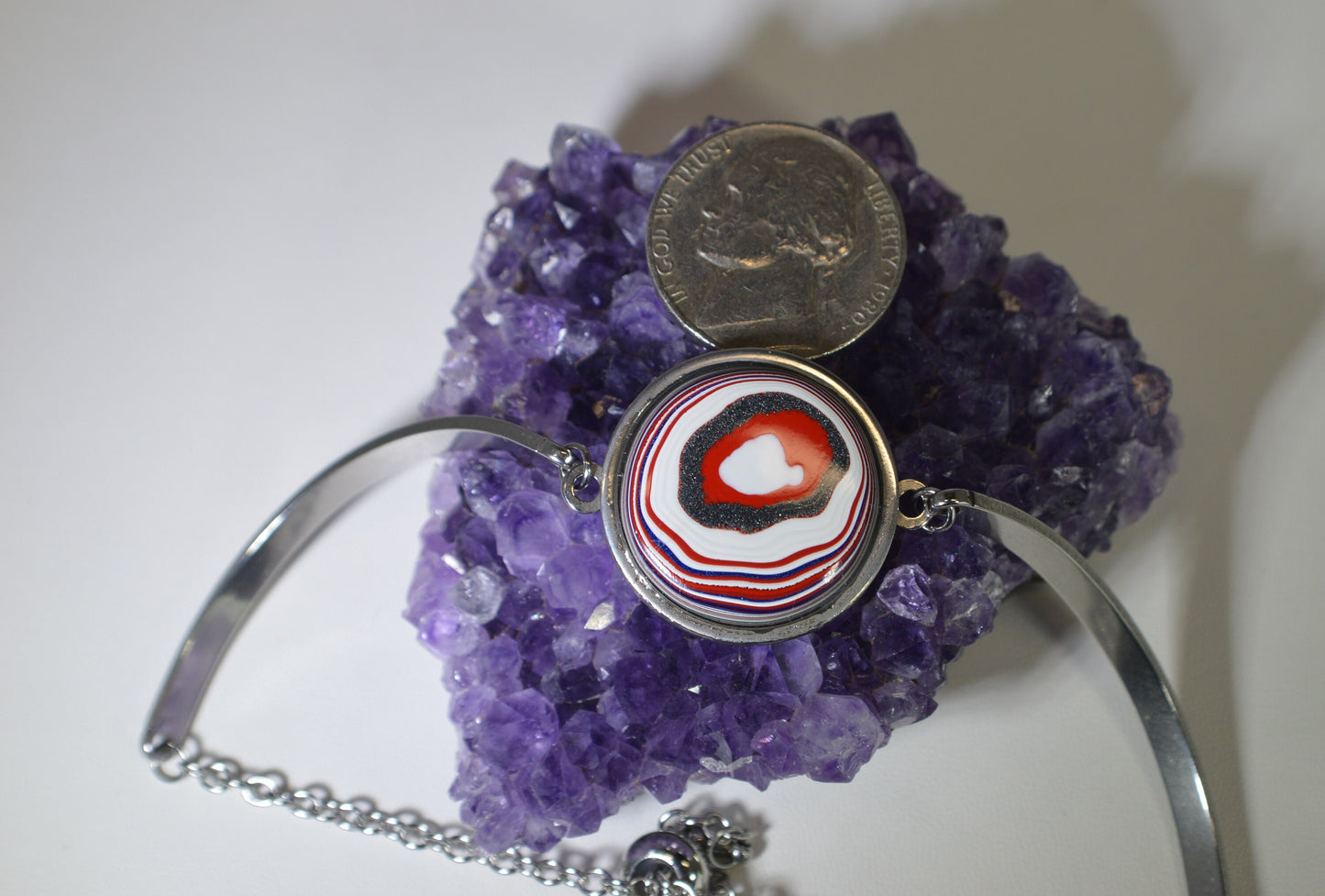 Fordite Bracelet, Red and White, Stainless Steel, EB125