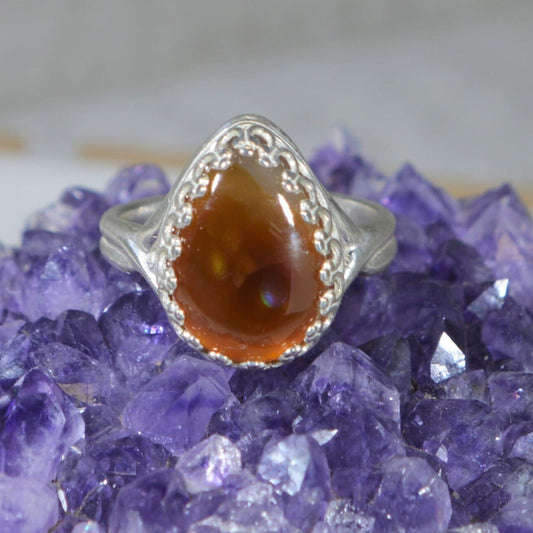 Fire Agate Silver Ring, Size 6 Adjustable, Natural Stone, 925 Sterling Silver, W/O