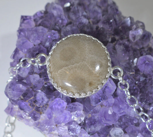 Petoskey Stone Bracelet, Silver 925, Solid Silver Petoskey Bracelet, Adjustable, Michigan Petoskey Stone, Michigan Gift