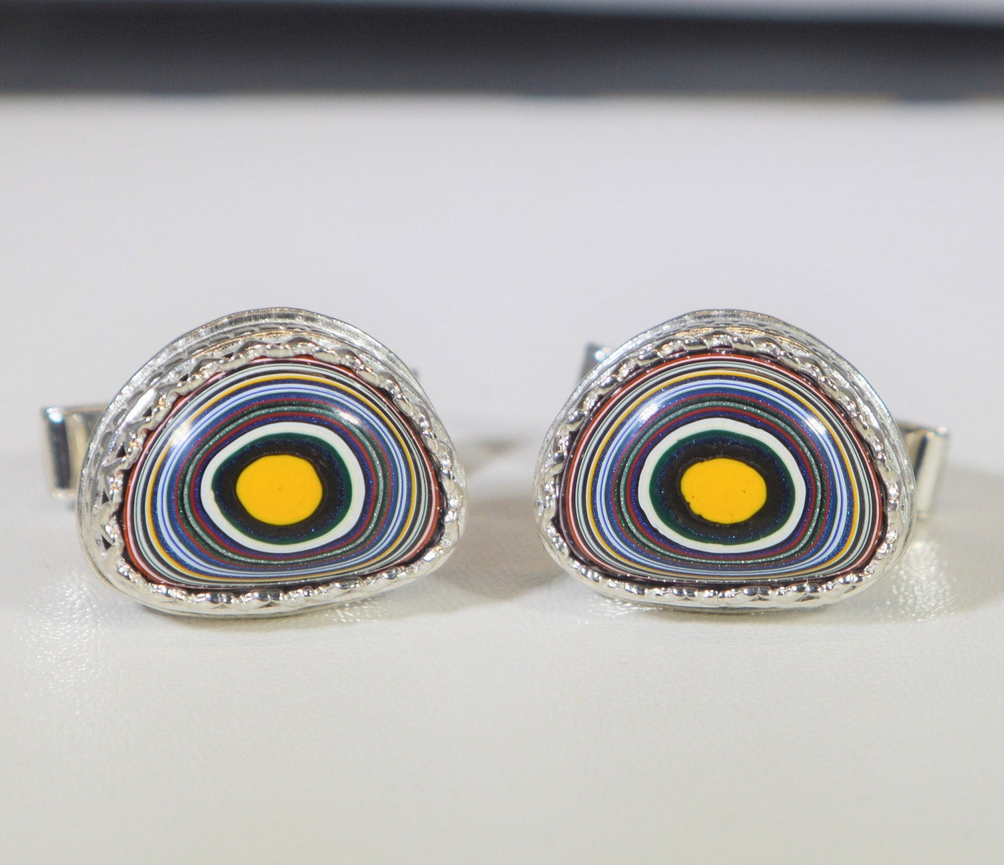 Fordite Cuff Links, Solid Silver, Artisan Handmade Wisconsin, Colorful Cuff Links, Recycled Material