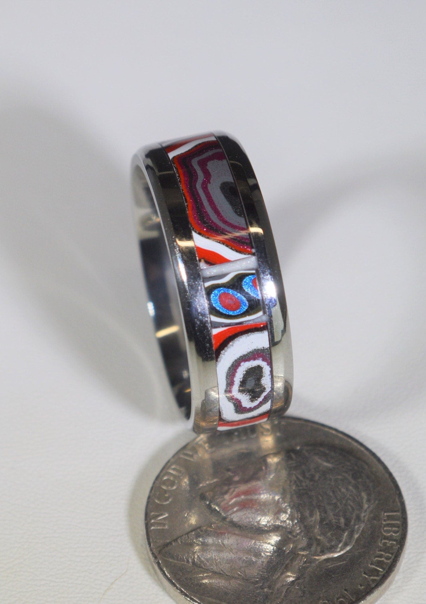 Fordite Ring, Size 10.5, Toledo Ohio Fordite Ring, PINK, Stainless Steel Band, Alternative Wedding Band, Middle Finger Ring, Fordite Band