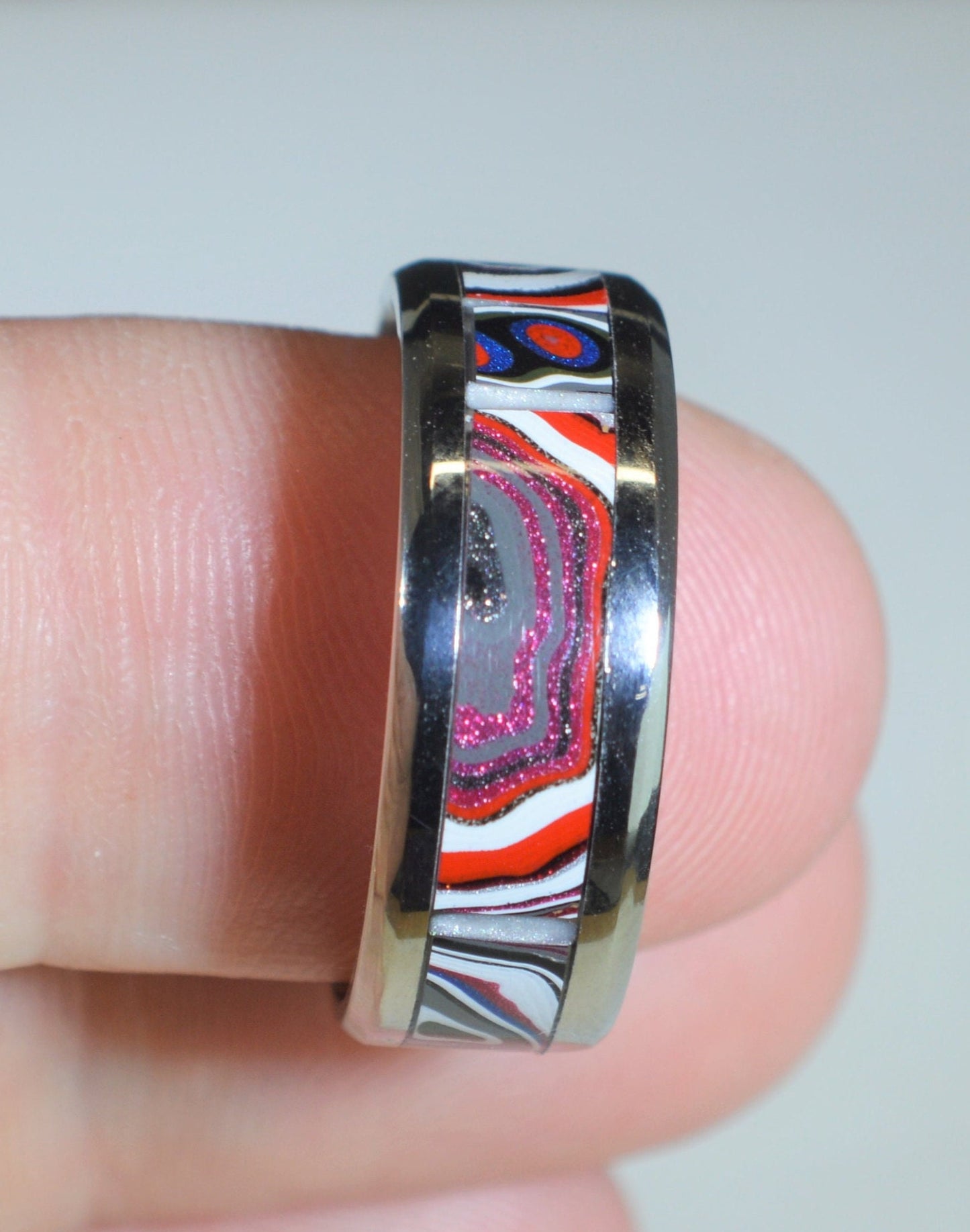 Fordite Ring, Size 10.5, Toledo Ohio Fordite Ring, PINK, Stainless Steel Band, Alternative Wedding Band, Middle Finger Ring, Fordite Band