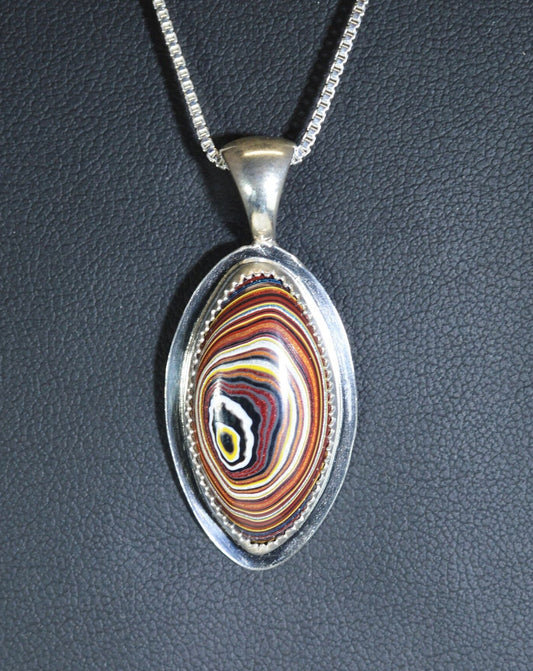 Fordite Necklace, Vet Fordite, Solid Silver, Marquise Fordite Pendant, Sports Car Fordite, Recycled, Artisan Handmade, ES15