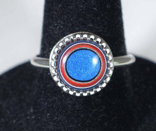 Fordite Silver Ring, Size 6.5 - 7.5 Adjustable, Bright Blue, Fordite Statement Ring, W/O